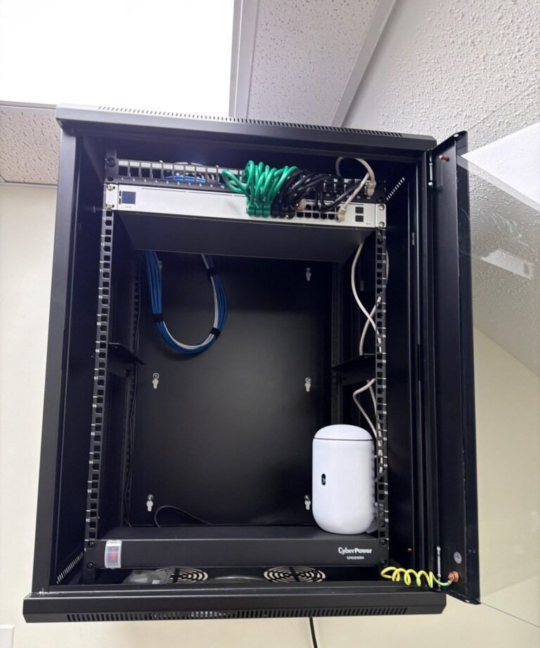 Wall rack with patch panel and tidy patch cables in a new office